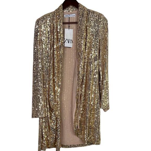 Zara Gold Sequin Wrap Tie Long Sleeve Tunic Mini Stretch Dress V Neck XS Gold - Picture 5 of 16